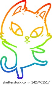 dibujo de una línea de gradiente de arco iris de un gato de dibujos animados confundido