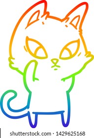 dibujo de una línea de gradiente de arco iris de un gato de dibujos animados confundido