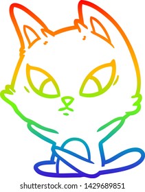 rainbow gradient line drawing of a confused cartoon cat sitting