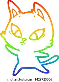 dibujo de una línea de gradiente de arco iris de un gato de dibujos animados confundido