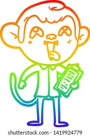 dibujo de una línea de gradiente de arco iris de un mono loco de dibujos animados con portapapeles