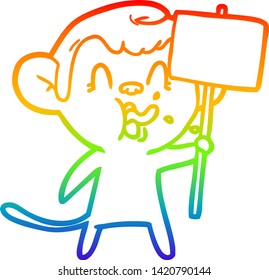 dibujo de una línea de gradiente de arco iris de un mono loco de dibujos animados con signo 