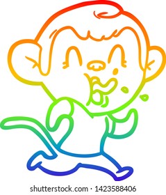 rainbow gradient line drawing of a crazy cartoon monkey running