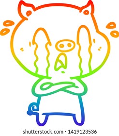 rainbow gradient line drawing of a crying pig cartoon