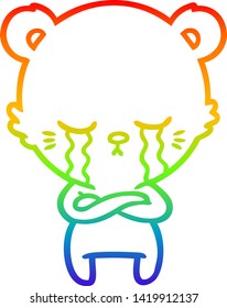 rainbow gradient line drawing of a crying cartoon bear with folded arms