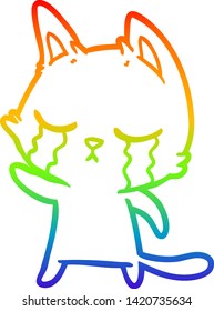 rainbow gradient line drawing of a crying cartoon cat pointing