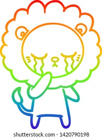 dibujo de una línea de gradiente de arco iris de un león de caricatura que llora