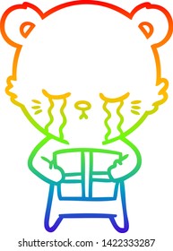 rainbow gradient line drawing of a crying cartoon bear with present
