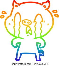 rainbow gradient line drawing of a crying pig cartoon