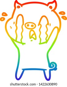 rainbow gradient line drawing of a crying pig cartoon