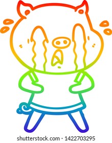 rainbow gradient line drawing of a crying pig cartoon wearing human clothes