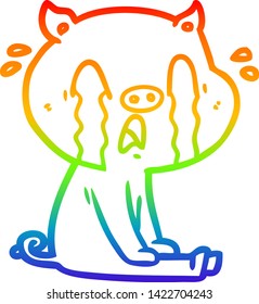 rainbow gradient line drawing of a crying pig cartoon