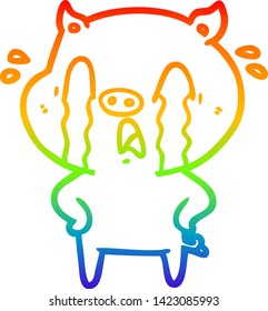 rainbow gradient line drawing of a crying pig cartoon
