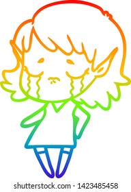 rainbow gradient line drawing of a crying cartoon elf girl