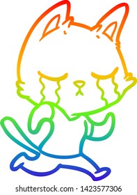 rainbow gradient line drawing of a crying cartoon cat running away