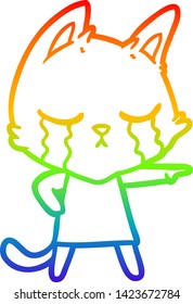 rainbow gradient line drawing of a crying cartoon cat in dress pointing