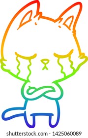 rainbow gradient line drawing of a crying cartoon cat with folded arms