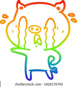 rainbow gradient line drawing of a crying pig cartoon