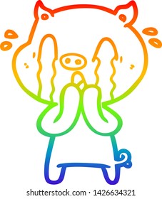 rainbow gradient line drawing of a crying pig cartoon