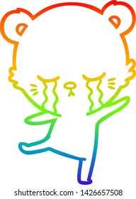 rainbow gradient line drawing of a crying cartoon bear balancing