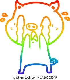 rainbow gradient line drawing of a crying pig cartoon