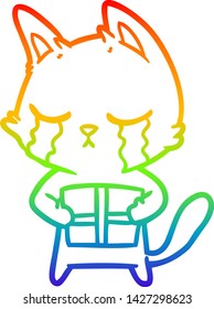 rainbow gradient line drawing of a crying cartoon cat holding christmas present