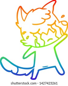 rainbow gradient line drawing of a crying waving fox cartoon