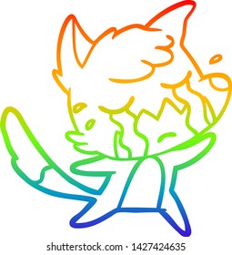 rainbow gradient line drawing of a crying fox cartoon