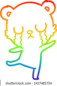 rainbow gradient line drawing of a crying cartoon bear doing a sad dance