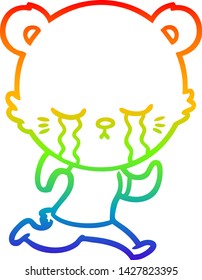 rainbow gradient line drawing of a crying cartoon bear running 