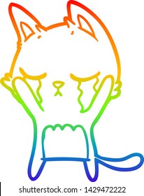 rainbow gradient line drawing of a crying cartoon cat