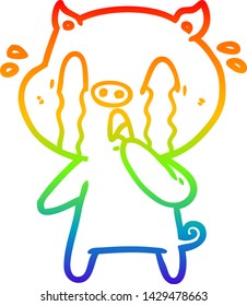 rainbow gradient line drawing of a crying pig cartoon