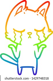 Regenbogen-Farbverlauf-Linie Zeichnung einer weinenden Cartoon-Katze schrumpfen