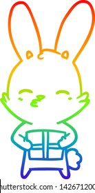 rainbow gradient line drawing of a curious bunny cartoon with present