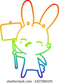 rainbow gradient line drawing of a curious bunny cartoon with placard
