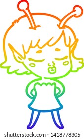 dibujo de una linea de gradiente arco iris de una tira cómica de una chica alienígena adorable