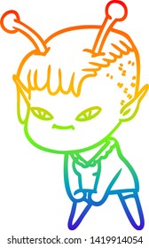 rainbow gradient line drawing of a cute cartoon alien girl