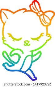 rainbow gradient line drawing of a cute cartoon cat with bow running