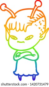 desenho de linha de gradiente arco-íris de uma menina alienígena de desenhos animados bonito