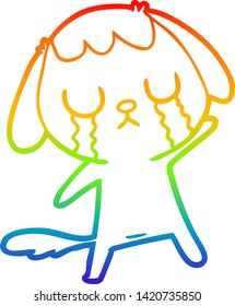 rainbow gradient line drawing of a cute cartoon dog crying