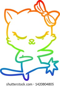 rainbow gradient line drawing of a cute cartoon cat with bow