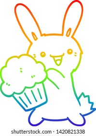 rainbow gradient line drawing of a cute cartoon rabbit with muffin