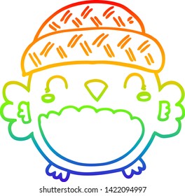 dibujo de una linea de gradiente de arco iris de un búho de dibujos animados lindo en ese sombrero
