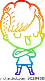 rainbow gradient line drawing of a cute cartoon girl with hipster haircut
