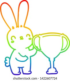 rainbow gradient line drawing of a cute cartoon rabbit with sports trophy cup