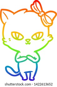 dibujo de una linea de gradiente de arco iris de un lindo gato de dibujos animados