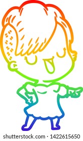 rainbow gradient line drawing of a cute cartoon girl with hipster haircut