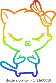 rainbow gradient line drawing of a cute cartoon cat with bow