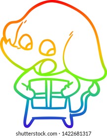 Regenbogen-Farbverlauf-Zeichnung eines süßen Cartoon-Elefanten mit Weihnachtsgeschenk