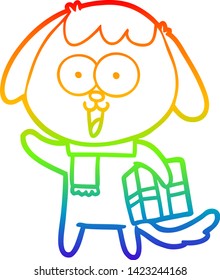 dibujo de una linea de gradiente arco iris de un lindo perro de dibujos animados con navidad presente